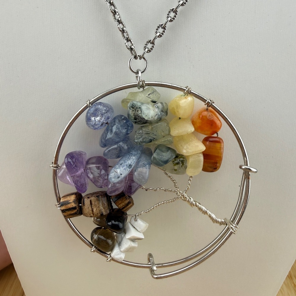 Handmade Tree of Life Gemstone Chip Wire Wrapped Pendant Necklace Boho